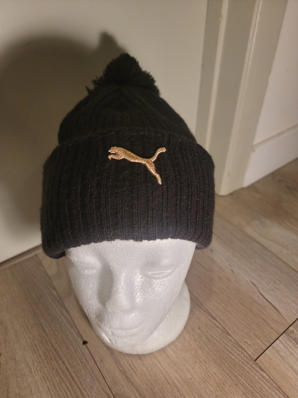 PUMA Black Knit Pom Beanie with Gold Logo